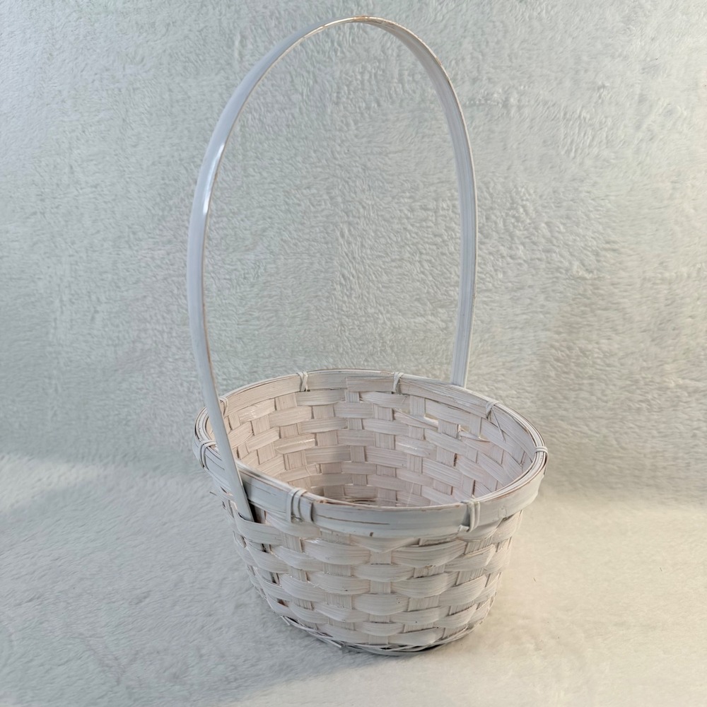 Unbranded Flower Girl Basket Kids Small White Woven Wicker Oval High Handle